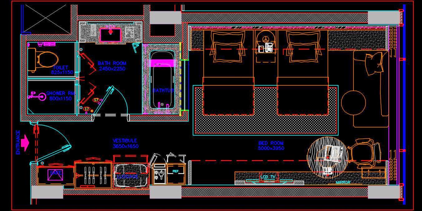 Hotel Room CAD Drawing- Twin Guest Room & Bathroom Design